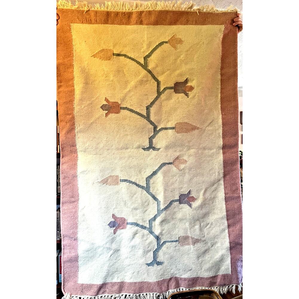 56x37" Flat Woven Wool Rug Floral Pastels